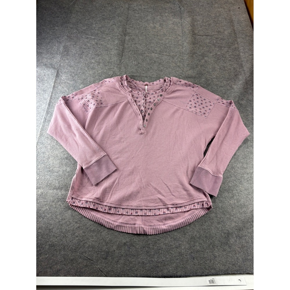 Free People Heart To Heart Thermal Henley Top Mauve Pink Floral Waffle Knit L
